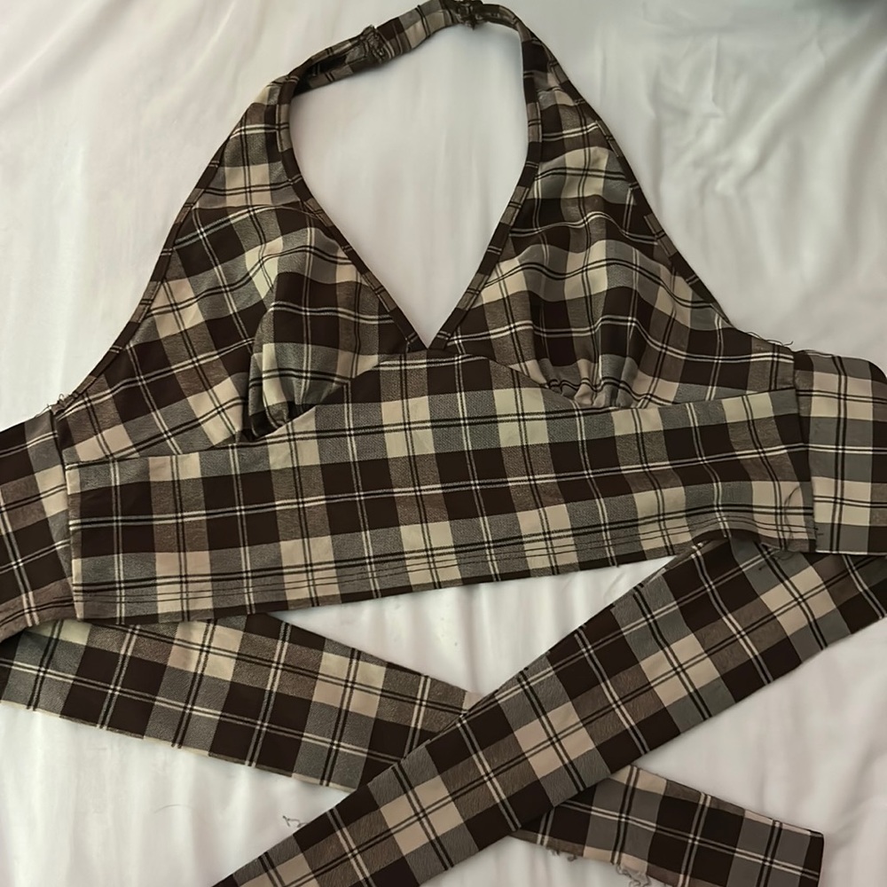 Plaid halter top tie back top